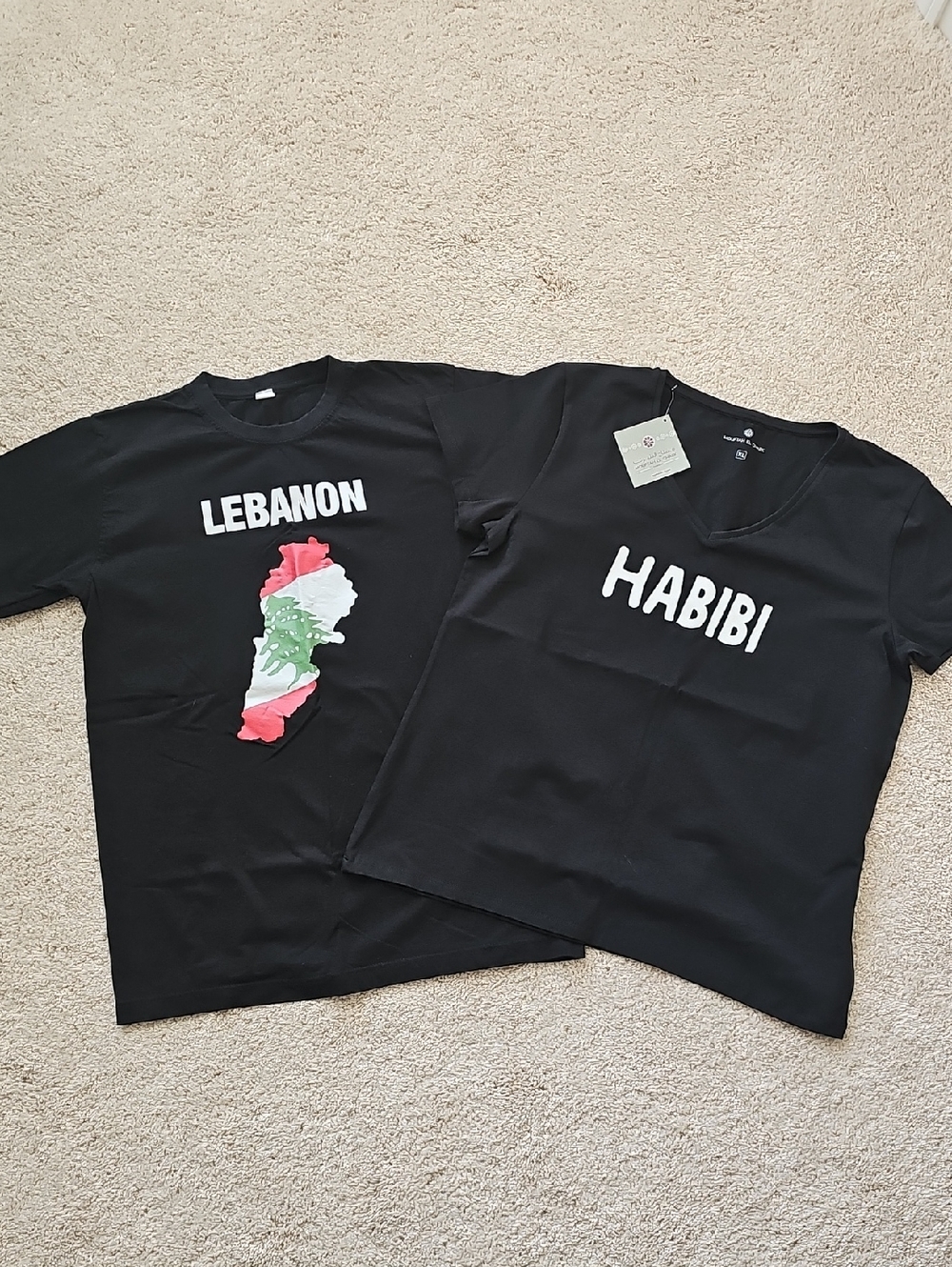 Pair of Black Graphic Tees - 'Lebanon' & 'Habibi', Size Large, Black